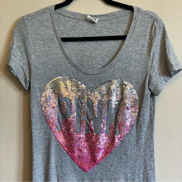 Pink VS M/M short sleeve t-shirt preppy casual heart sequins gray pink white - Picture 2 of 7
